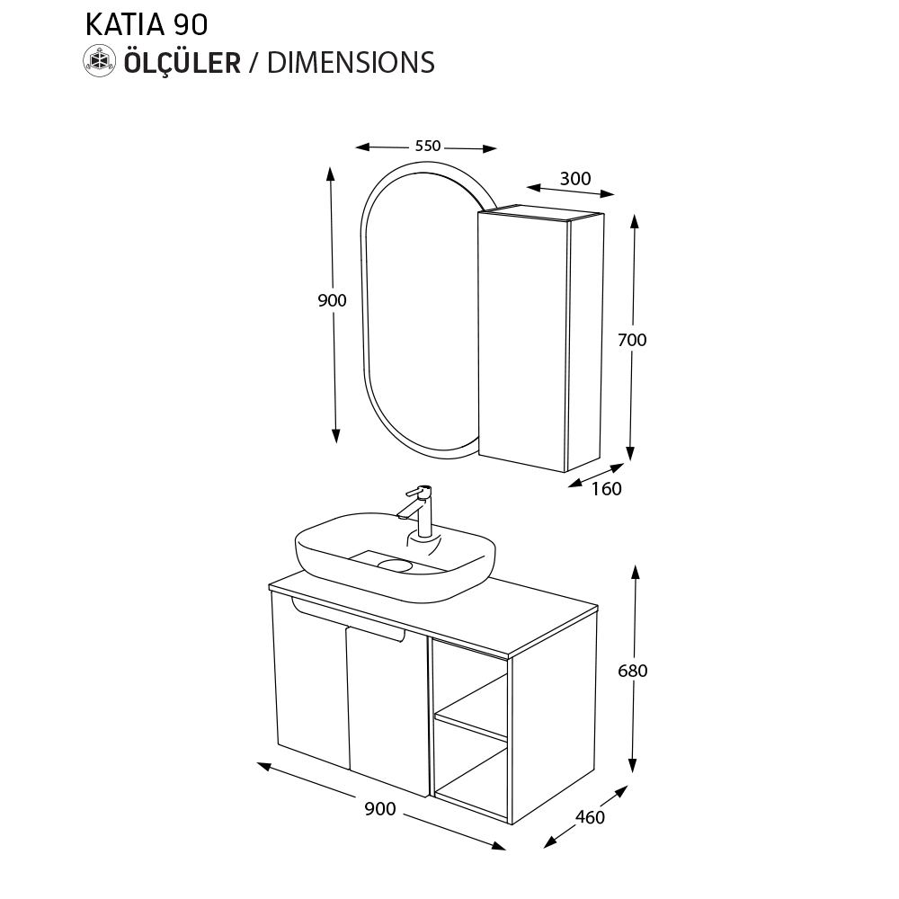 BİANİ BANYO DOLABI KATIA 90CM PARLAK OAK ICE BLEU
